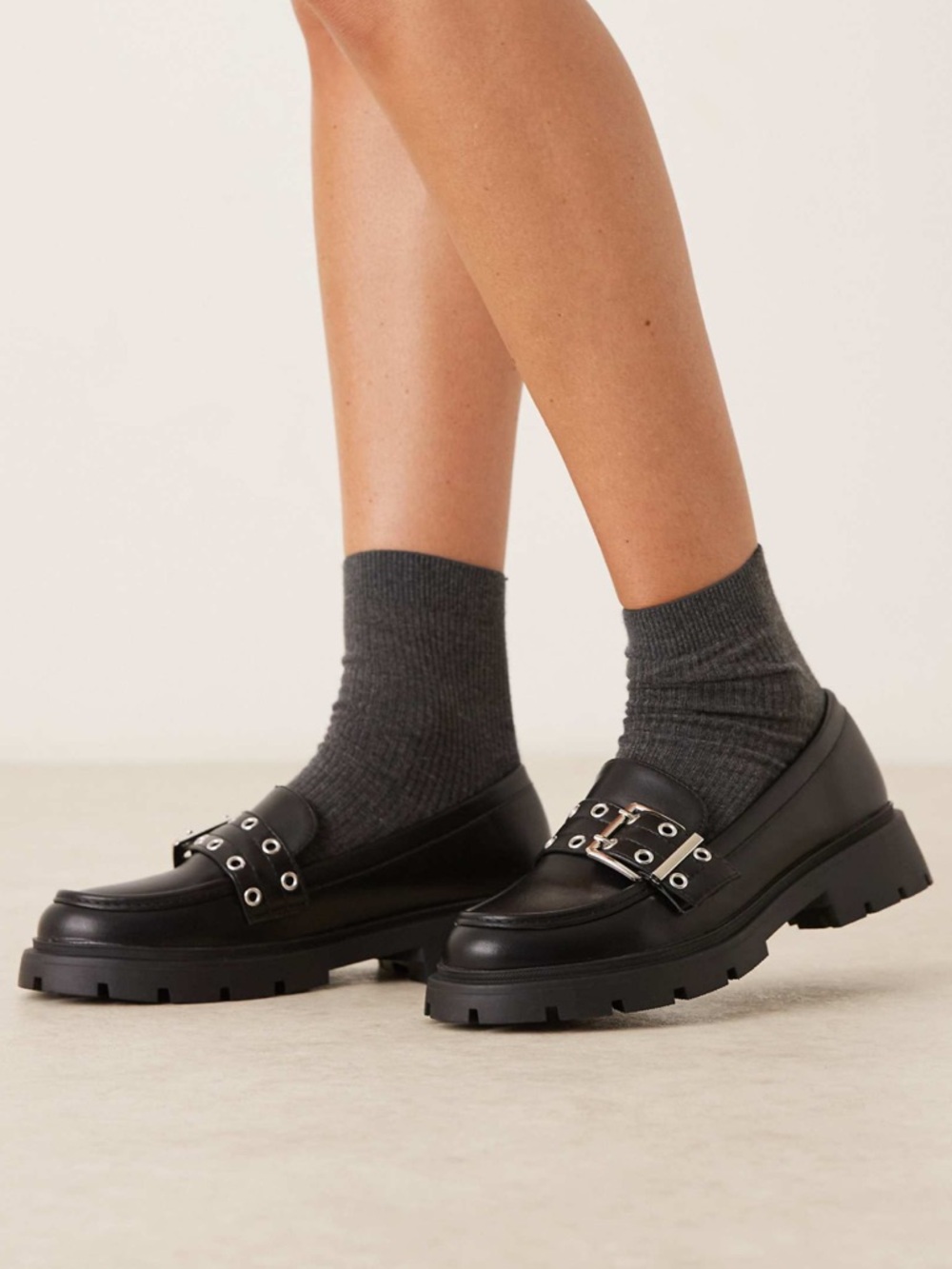 ASOS Black Lug-Sole Loafers with Buckle and Eyelet Trim